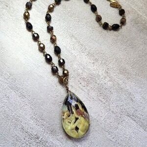 Lenore Solmo Necklace Faceted‎ Glass Pendant on Glass Bead Brasstone 16" Chain
